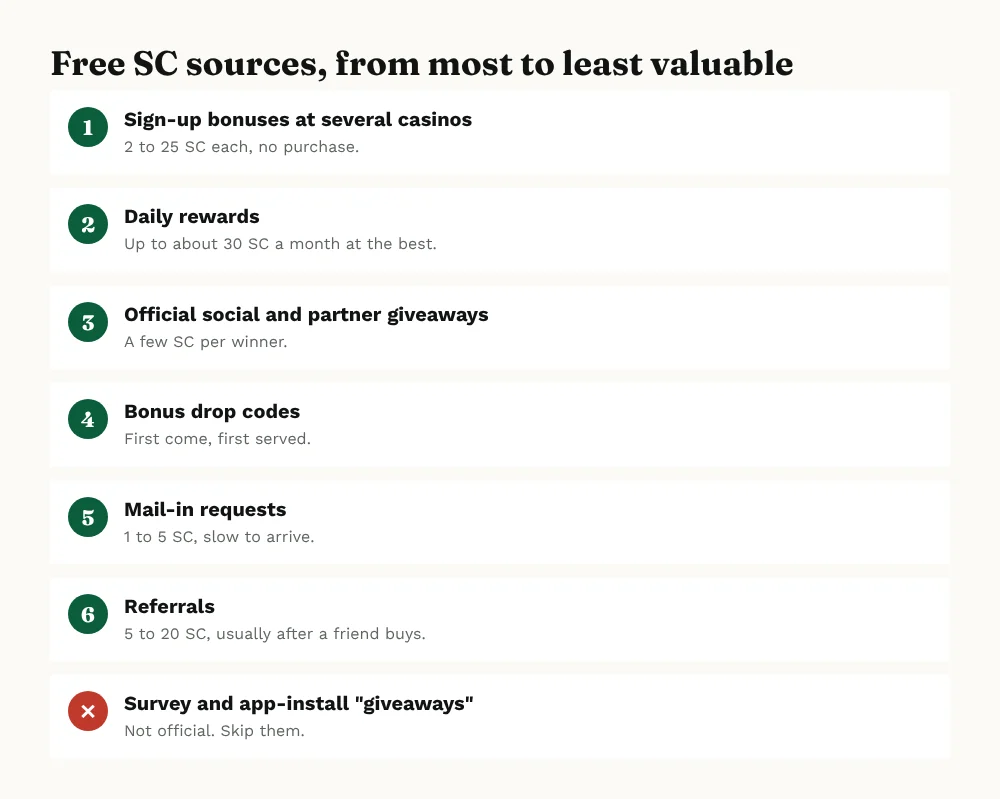 Ranked list of free Sweeps Coin sources: sign-up bonuses, daily rewards, official giveaways, drop codes, mail-in, referrals; avoid survey giveaways